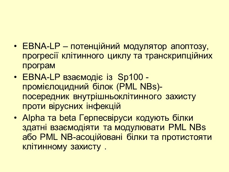 EBNA-LP – потенційний модулятор апоптозу, прогресії клітинного циклу та транскрипційних програм EBNA-LP взаємодіє із